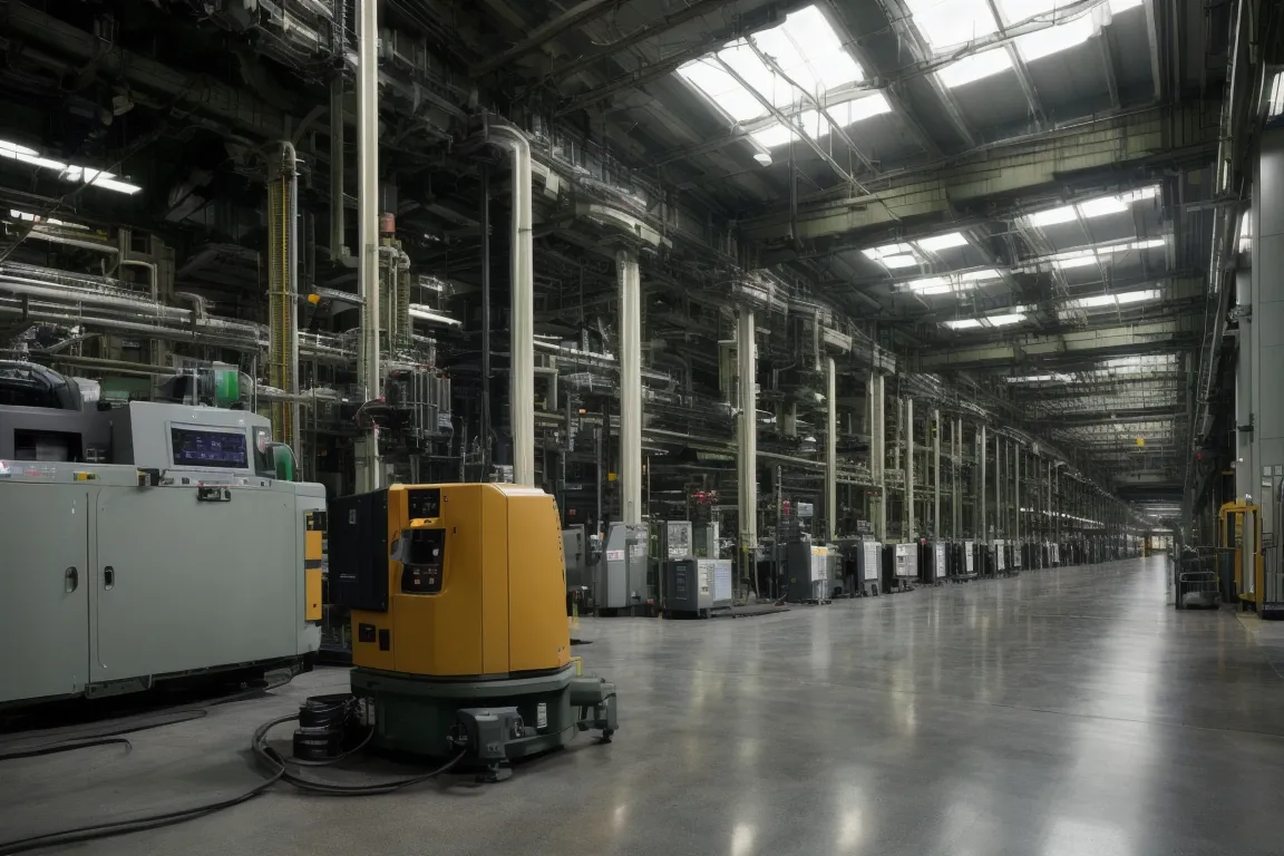 Tripod-mounted laser scanner capturing an industrial plant aisle