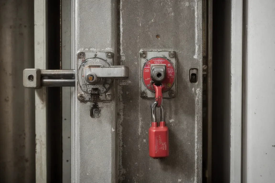 Red lockout padlocks and hasp on an electrical disconnect handle